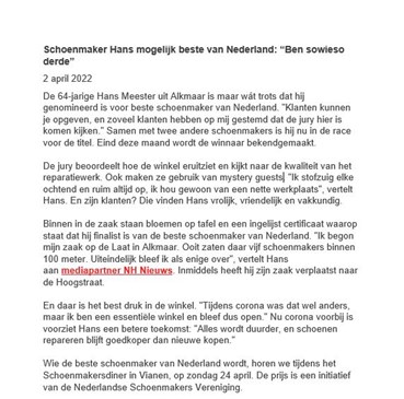 Schoenmaker Hans mogelijk beste van Nederland
